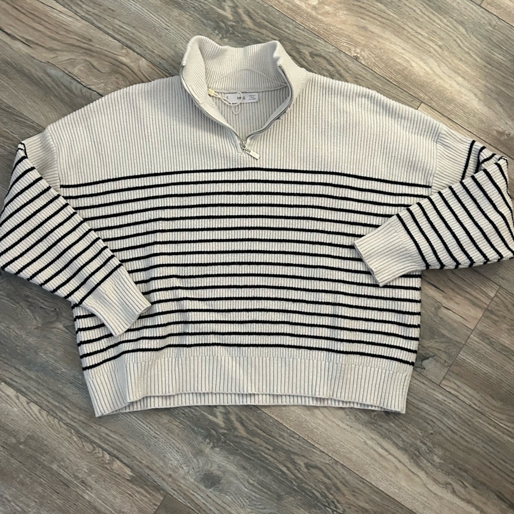 MNG mango cream black striped oversized sweater quarter zip size medium